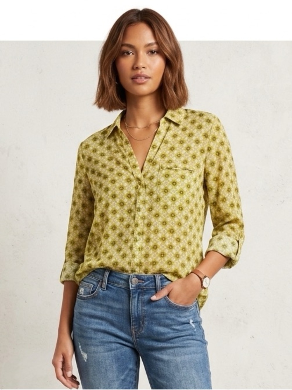 Kut from the Kloth Olive Green Yellow Geometric Button-Down Blouse